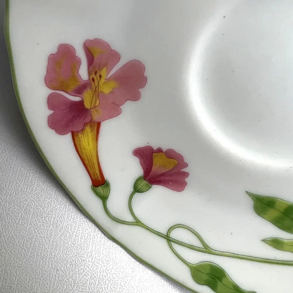 Denby-Langley Your Majesty Flat Demitasse Porcelain Cup Saucer Set Trumpet Vine